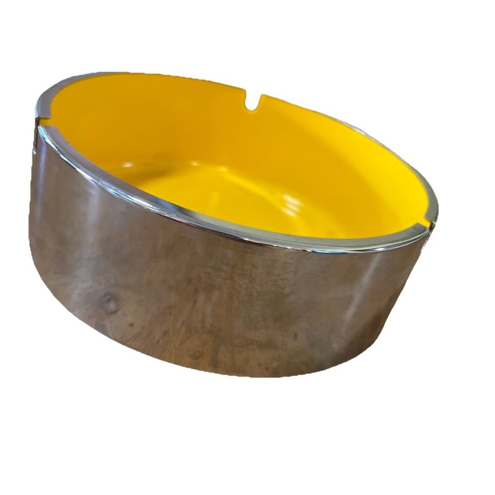 Vtg 60s Ashtray Maru Trend Pacific Isamu Kenmochi Design Chrome & Yellow 6inch